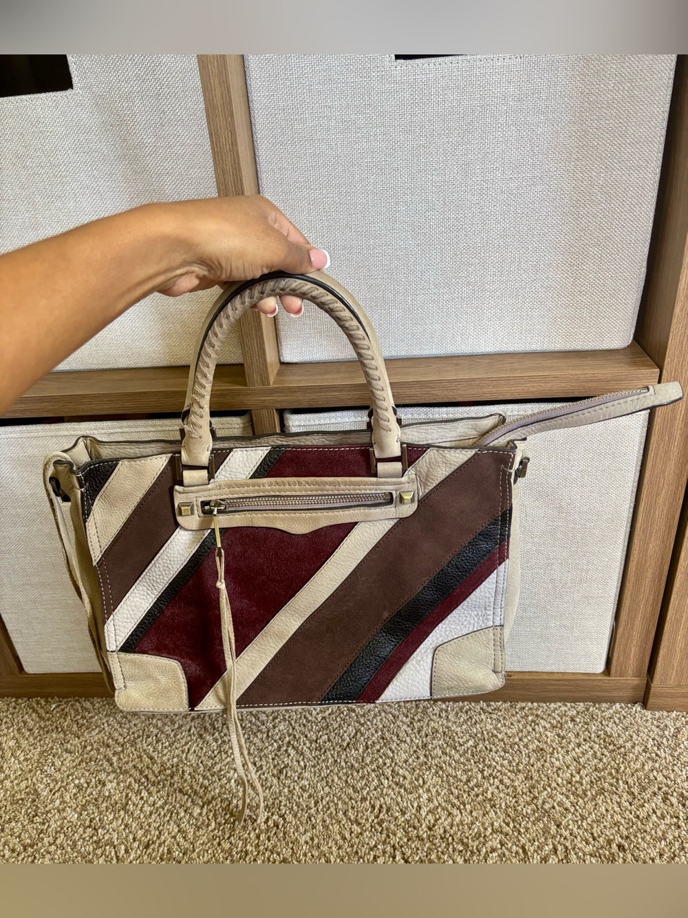 Rebecca Minkoff Regan Leather Suede Beige Brown Burgundy Striped Satchel Bag